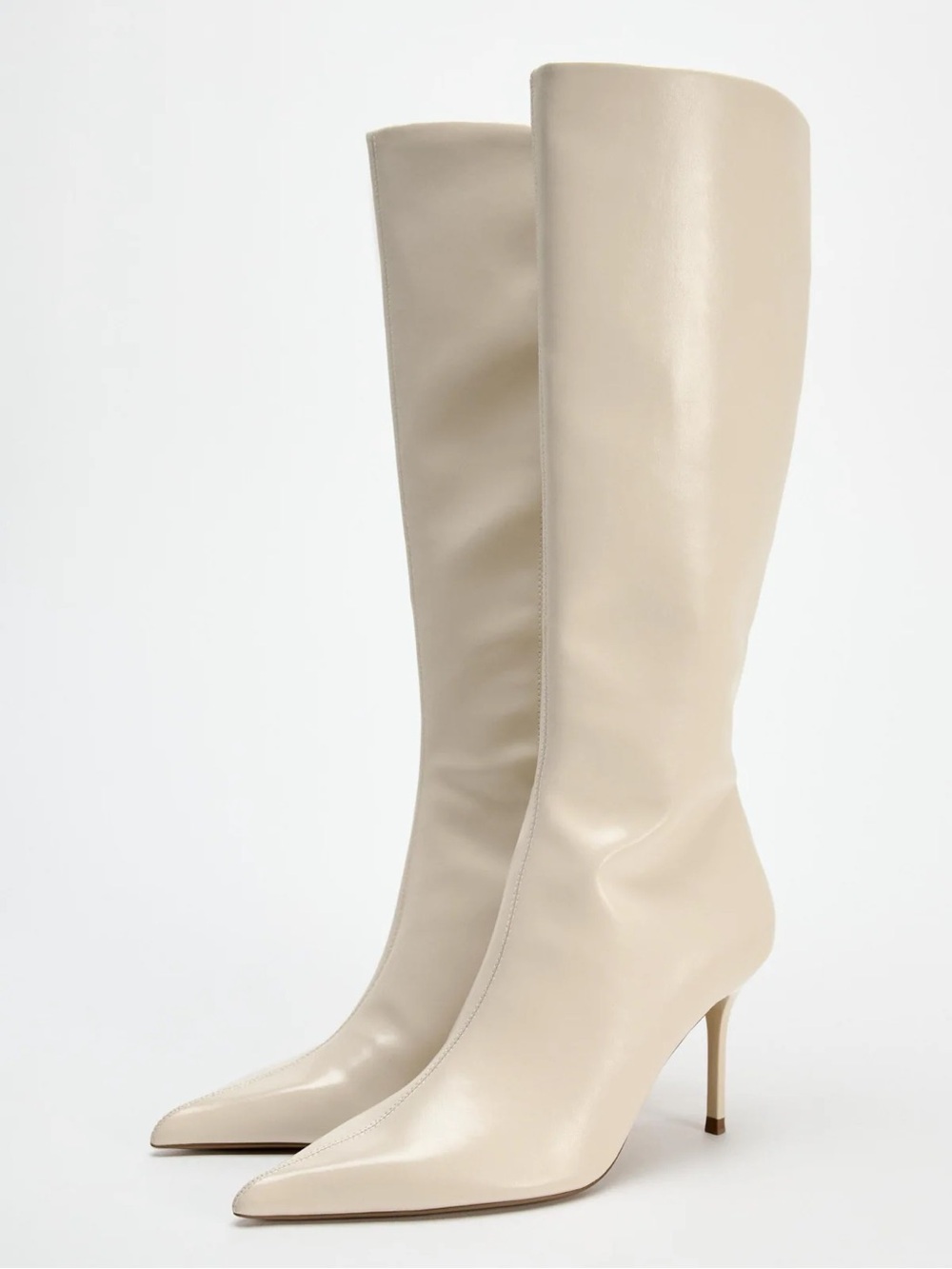 Zara Knee-High Pointed Toe Stiletto Boots in Cream size 38